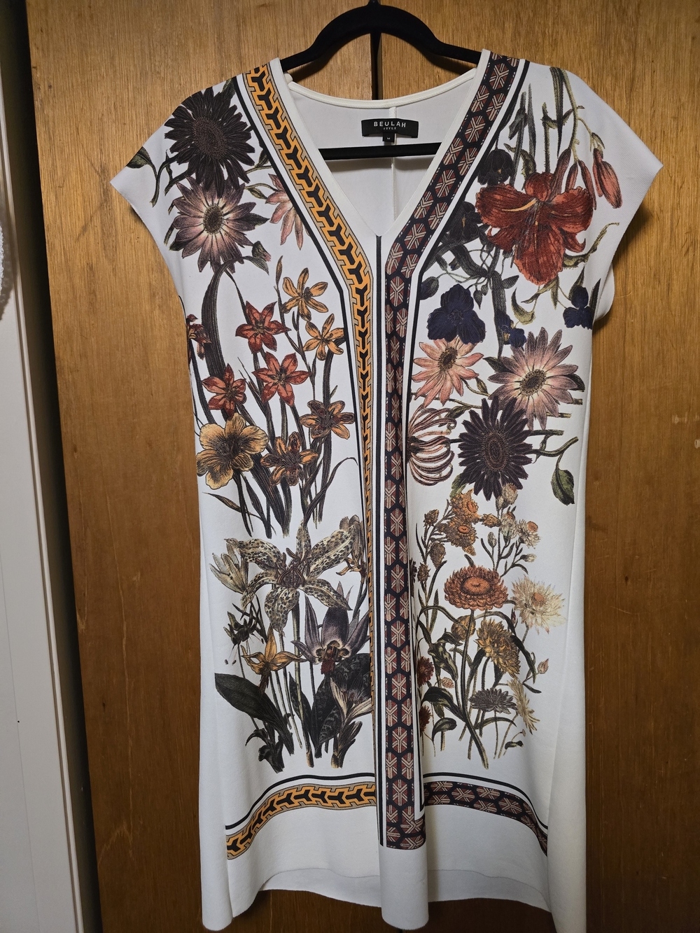 Beulah White Floral Botanical V-Neck Midi Dress with Rust and Gold Accents